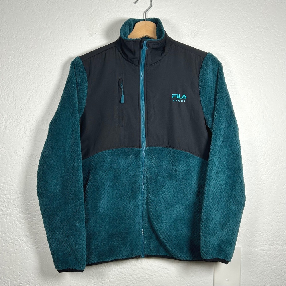 Fila Sport Teal Fleece Black Jacket Colorblock Full Zip Size S